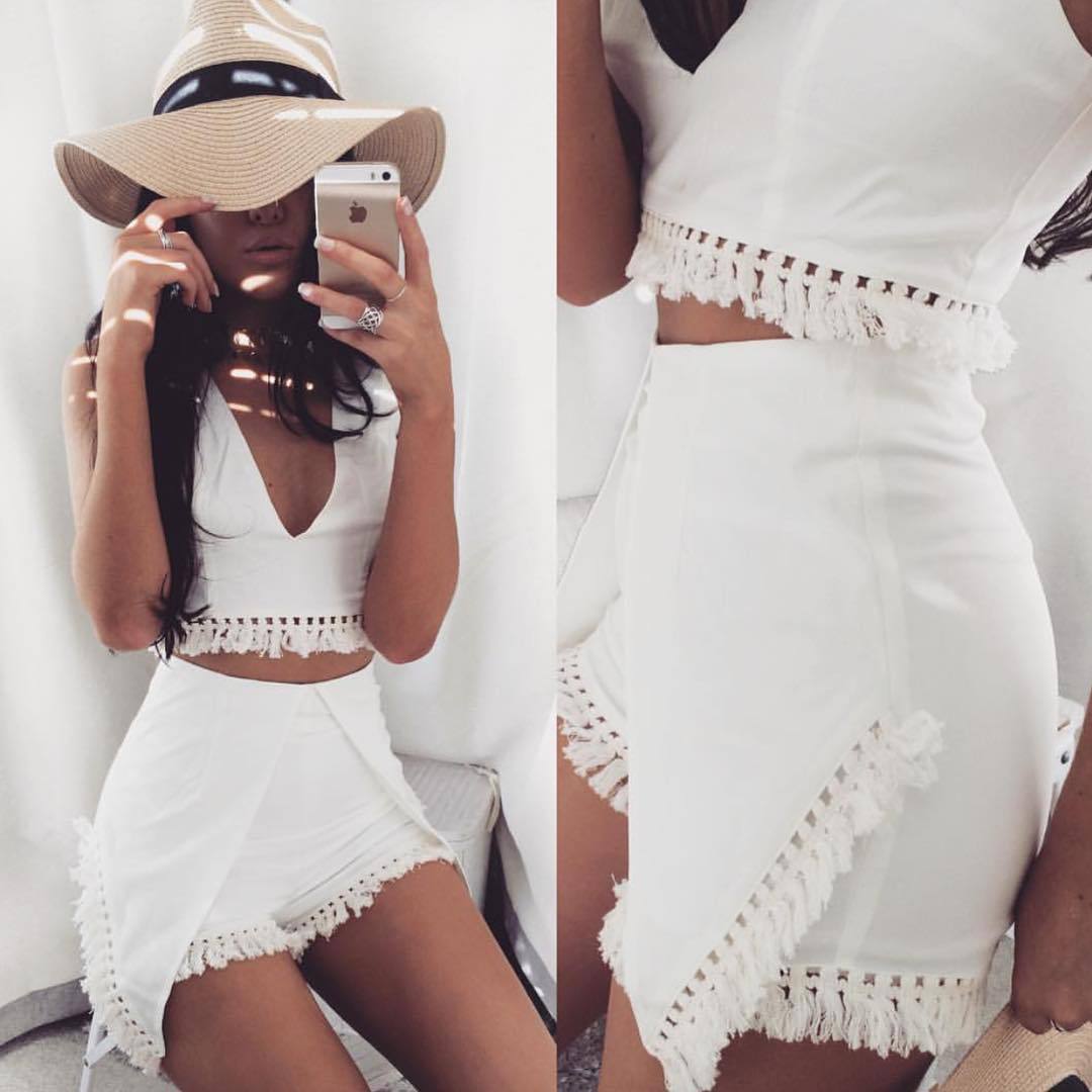 two piece deep back slit tassel
